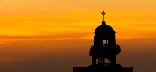 Musque Dome Night Building with Sky Moon Sunset Background Mubaruk Greeting Islam Ramadan Element Masjid Aqsa Hajj Kaaba Umrah Eid Arabian Religion Islamic Muhammad Arab Muslim Greeting.