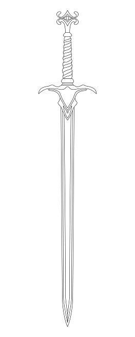 Sword line art. Ancient Longsword. Saber. Blade Tattoo. Vector illustration isolated on white background.