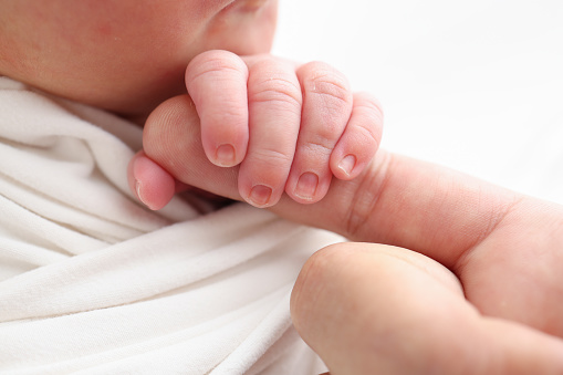 Close-up of baby's small hand, head, ear and palm of mother Macro Photo of Newborn baby after birth tightly holding parents finger on white background. Family and home concept. Healthcare paediatrics