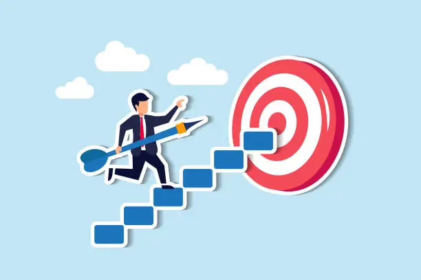 Vector illustration of Striving for success, navigating growth, and embracing challenges en route to business goals concept, cheerful businessman carrying dart step on stairway to reach dartboard bullseye.