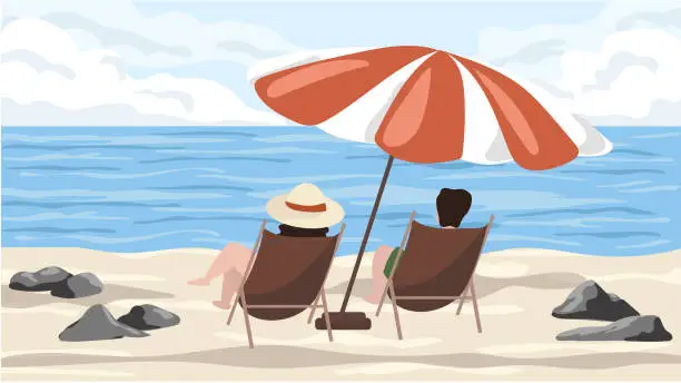 Vector illustration of A couple sunbathing and relaxing on lounge chairs under a vibrant striped umbrella by the tranquil seaside. Summertime, holiday, vacation, travel concepts. Vector illustration