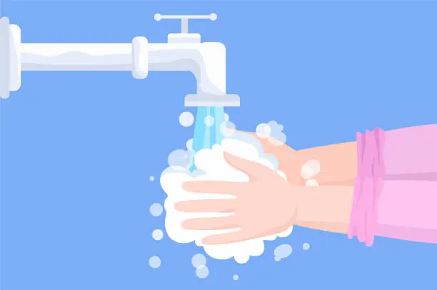 Vector illustration of Vector Illustration of Hand Washing Under a Running Faucet. A pair of hands are in soap suds. Health, personal care, cleanliness and hygiene concepts.