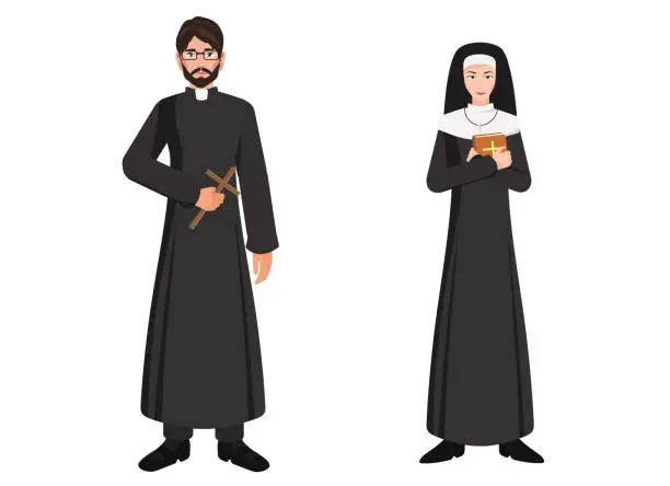 Vector illustration of Catholic priest and nun vector illustration isolated on white. Priest holding cross rood and nun holding a bible. Full length portrait.
