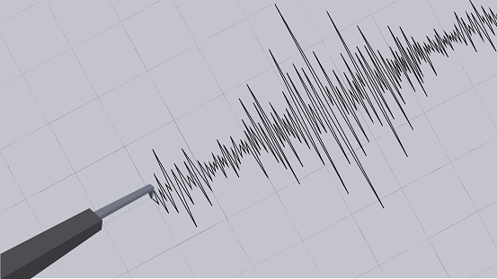 Detailed Graphical Representation of Earthquake Vibrations Captured on a Seismograph against the grid background. Seismograph recording seismic waves. Vector Illustration.