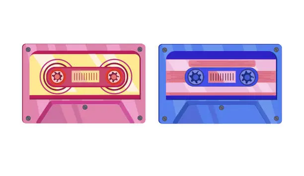 Vector illustration of Vector Illustration of nostalgic cassette tapes. Retro styled two old audio compact cassettes.