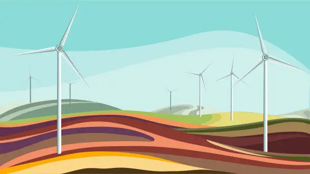 Vector illustration of Wind turbines stand tall against the backdrop of lush greenery. Renewable energy, green energy, ecology, nature and technology concepts. Vector illustration.