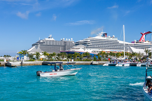 Nassau, Bahamas - January 7th, 2024: Cruise ships and boats, view from the embankment