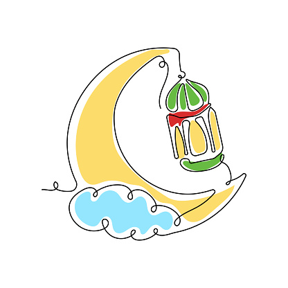 Hanging Lantern on the Crescent Moon Continuous Line Drawing Style. Ramadan Kareem Collections Element For Design