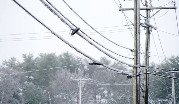 Icicle on power line in the frozen rain