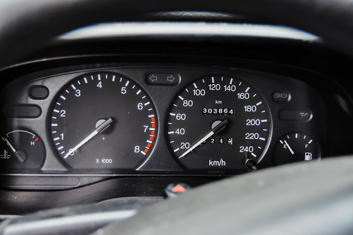 Car Dashboard Speedometer and Tachometer Close-up