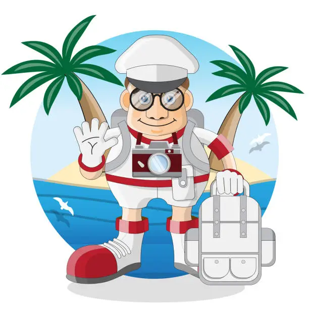 Vector illustration of Tourist on the background of a tropical island.