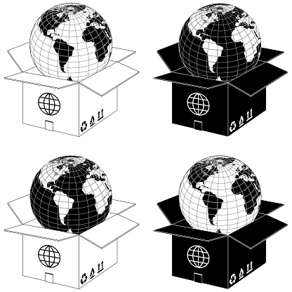 Vector design planet earth coming out of a cardboard box, worldwide shipping box design