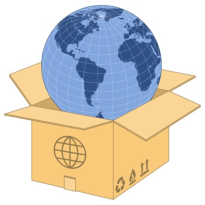 Vector design planet earth coming out of a cardboard box, worldwide shipping box design