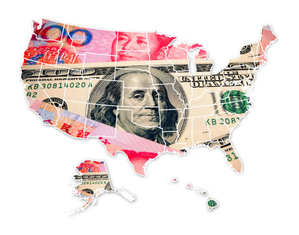 istock (Clipping path!) Chinese Yuan Note and U.S. dollar with USA map 2016820278