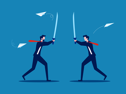 Trade war, business competition. Two businessmen fighting with swords vector