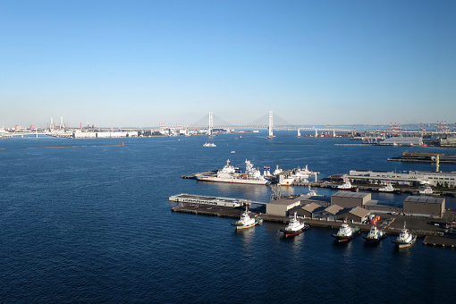 [Yokohama] View of Yokohama Bay Bridge and Yokohama Port.