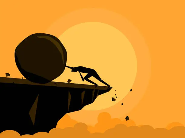 Vector illustration of Overcome challenges. Try to push a rock that rolls off a cliff. business concept