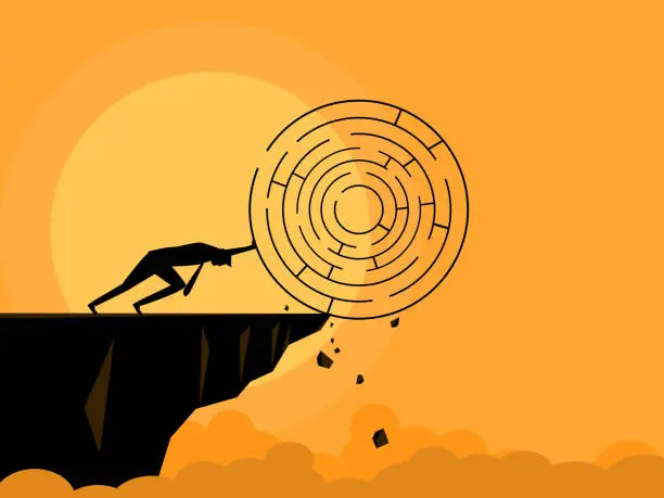 Vector illustration of People try to push problems or mazes off cliffs. business concept