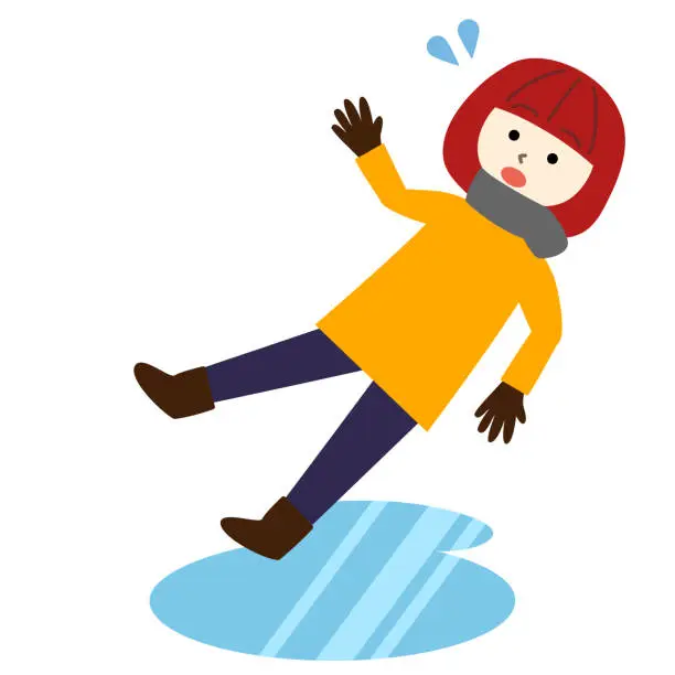 Vector illustration of A woman who slips and falls on a frozen ground