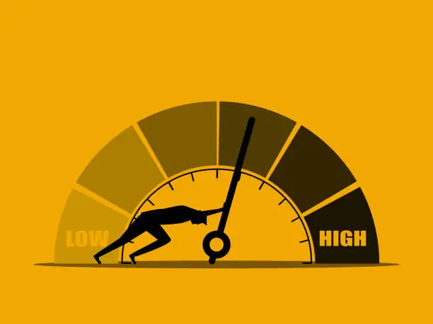 Vector illustration of Increase sales or improve quality. man trying to push the needle indicator