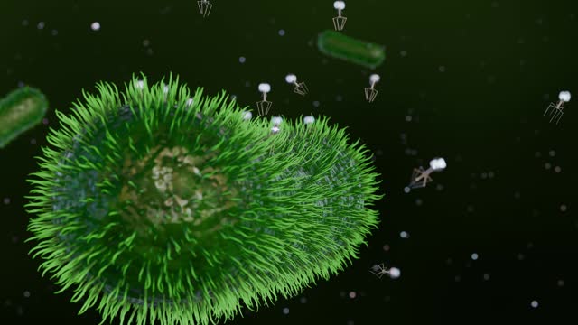 3d animation of bacteriophages that infect and destroy bacteria.