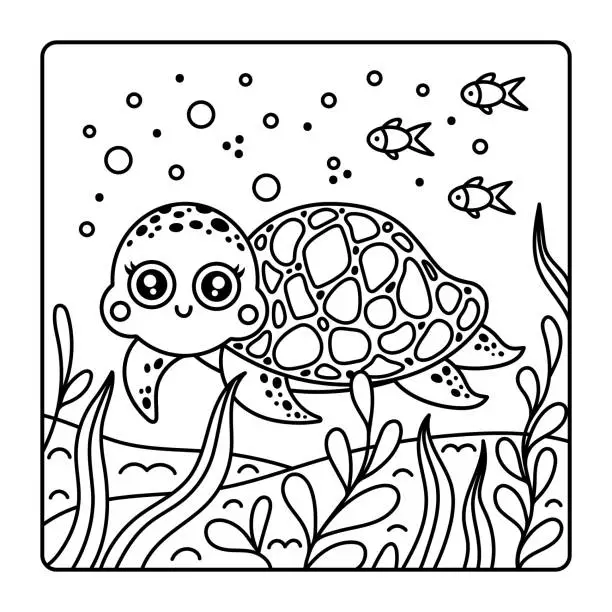 Vector illustration of Turtle coloring book. Cute underwater animal swims and smiles. Friendly ocean reptile with shell. Funny character on the seabed among fish, seaweed, bubbles. Black and white clipart for children, kids