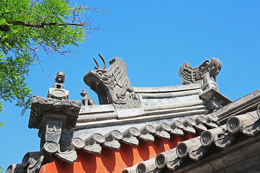 Eaves dragon head sculpture on an ancient building, Beijing
