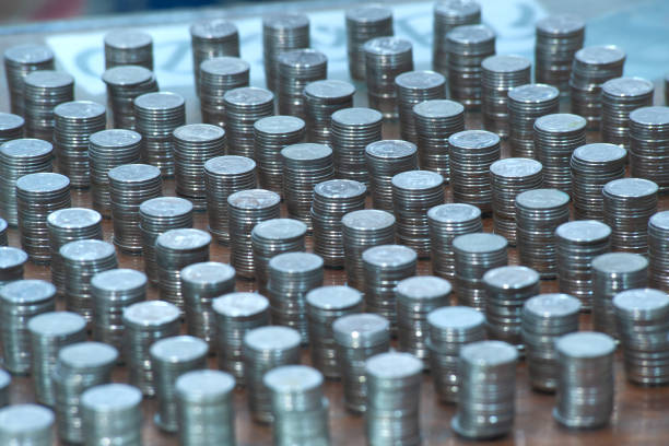 Texture and background of Coins are placed in bars and rows.