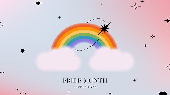 Creative aesthetic banner for Pride Month. Banner for Pride Month with LGBTQ Flag Colours and blurry gradient rainbow. Human rights and tolerance concept. Y2k style vector illustration.