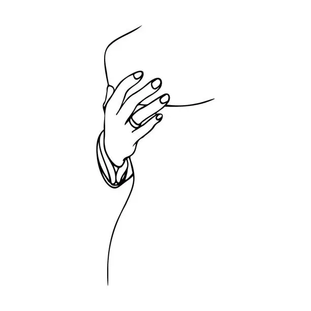 Vector illustration of male hand with a wedding ring on the ring finger on a female back. hand drawn hand of the groom hugging the bride