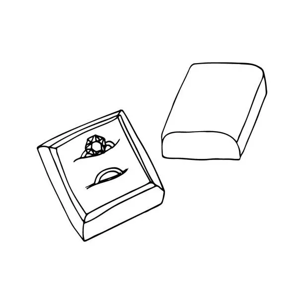 Vector illustration of two wedding rings in a box with a doodle style lid. hand drawn drawing of wedding rings