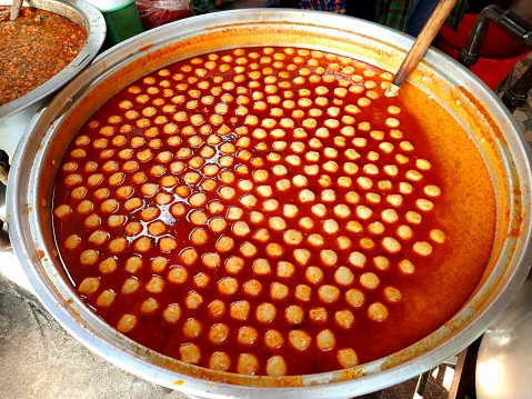 Fish Curry Sauce with Meatballs - Bangkok Street Food Vendor.