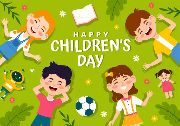 Vector illustration of Happy Children's Day Vector Illustration with Kids Togetherness in Children Celebration Cartoon Bright Sky Blue Background and Green Field Design