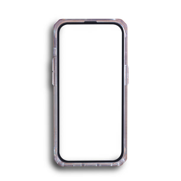 A smartphone mockup encased in a transparent cover with transparent screen for content, showcasing its sleek design, isolated in white background.