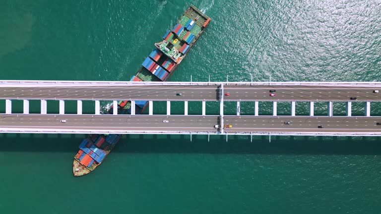 Aerial view of a container ship crossing a bridge in Hong Kong port