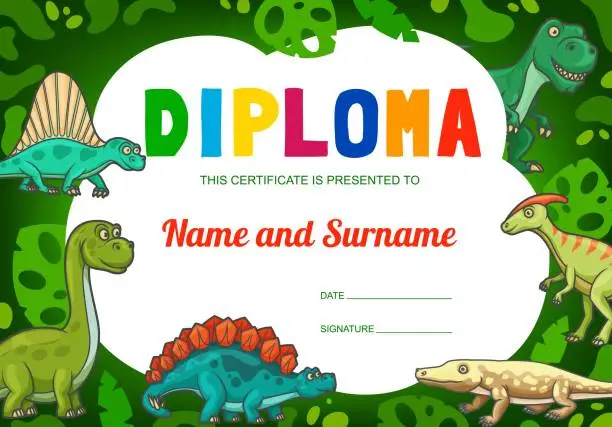 Vector illustration of Kids diploma with cartoon dinosaur reptiles, dino