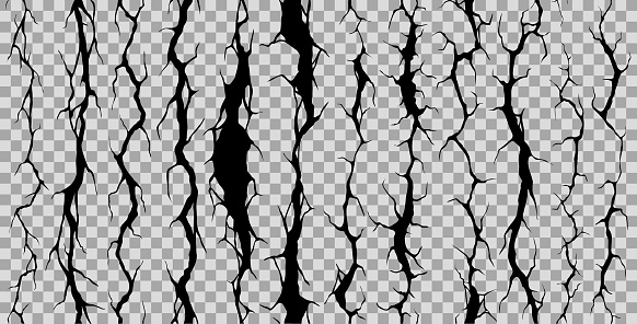 Seamless broken wall crack, cleft and crackles. Vector earthquake cracking holes, realistic 3d ruined surface. Destruction, damage fissure effect after disaster isolated on transparent background