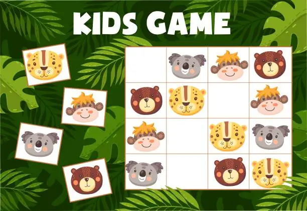 Vector illustration of Sudoku kids game with funny animals, vector riddle