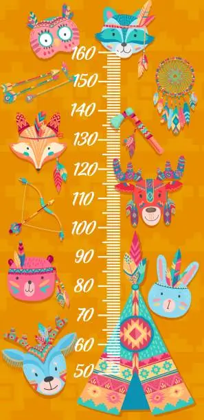 Vector illustration of Cartoon kids height chart, funny owl, wolf and fox