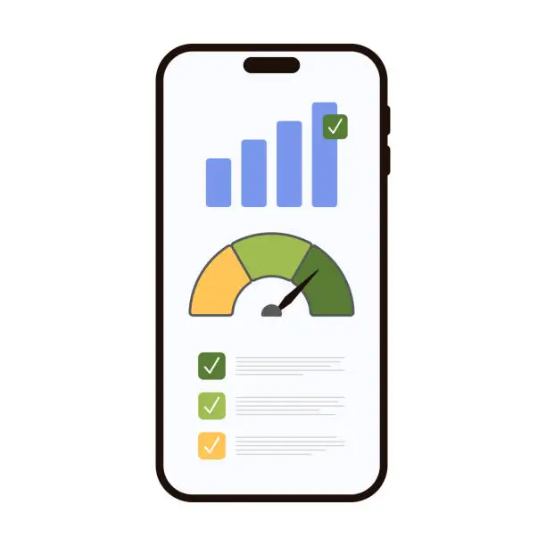 Vector illustration of Check internet network signal mobile app with speedometer on phone screen, front view