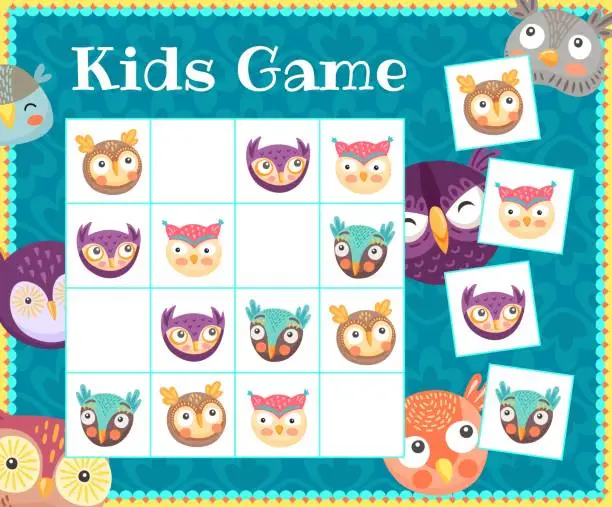 Vector illustration of Kids sudoku game, cartoon cute owl or owlets birds
