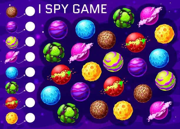 Vector illustration of Cartoon space planets, kids I spy game riddle
