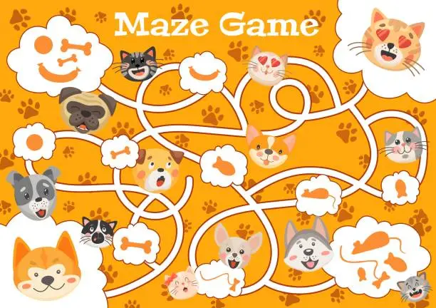 Vector illustration of Kids labyrinth maze game dogs and cats boardgame