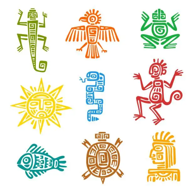 Vector illustration of Mayan aztec totems, animal and bird vector symbols