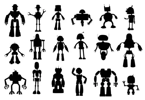 Vector illustration of Robots and droids silhouettes black vector cyborgs