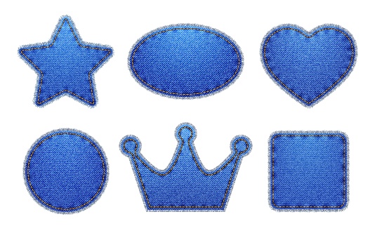 Blue denim jeans patches and labels of crown, circle and heart, vector star jeans texture patches. Realistic cotton twill fabric of blue denim jeans patches with yellow thread stitches and torn edges