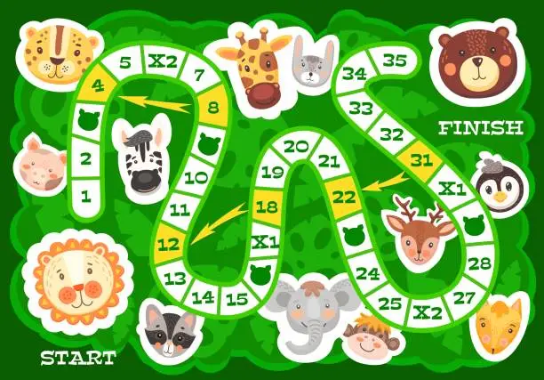 Vector illustration of Kids board game funny african and forest animals