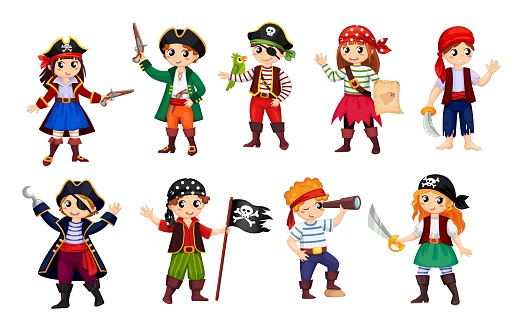 Cartoon happy smiling boy and girl pirates or kids corsairs, vector icons. Children in costumes of pirates with captain tricorne hat and hook hand, bandanna and pirate eye patch with Jolly Roger flag