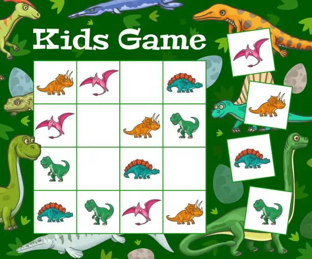 Vector illustration of Sudoku game cartoon dinosaurs and eggs. Kid riddle