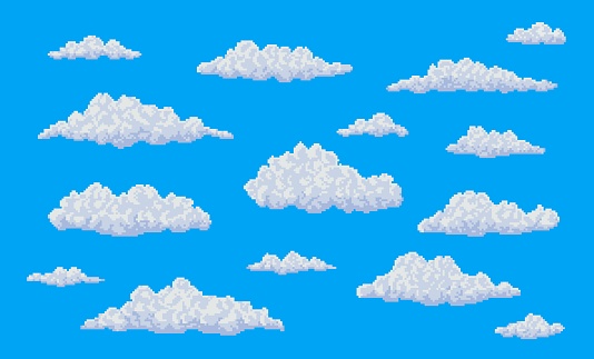 White pixel fluffy bubble clouds on blue sky. 8 bit art game ui vector design of pixelated heaven cloudscape with mine craft blocks texture, nature background of retro arcade videogame